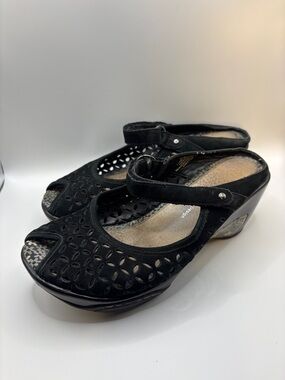 Jambu Black Laser-Cut Peep-Toe Mary Jane Clog Heels